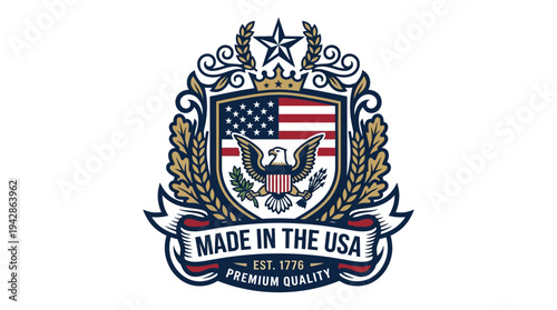 Ornate crest emblem prominently displays an American flag, an eagle, and text proclaiming 'Made in the USA' for product certification.