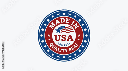 A bold, stylized quality assurance sticker guarantees American craftsmanship and reliability for imported or domestic goods.
