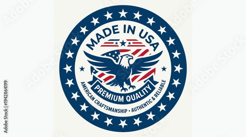 Circular graphic seal prominently features the text Made in USA with an American flag motif and establishment date.