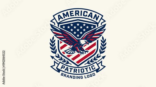 Patriotic American branding logo showcases a majestic bald eagle perched over a shield displaying the US flag stars and stripes.
