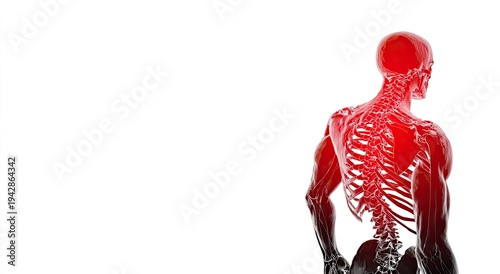 Anatomical illustration of human skeleton with glowing red pain points on spine