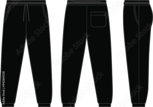 Men's classic sweatpants technical drawing, front, back, and side views, black color, vector illustration for apparel design and flat sketches.