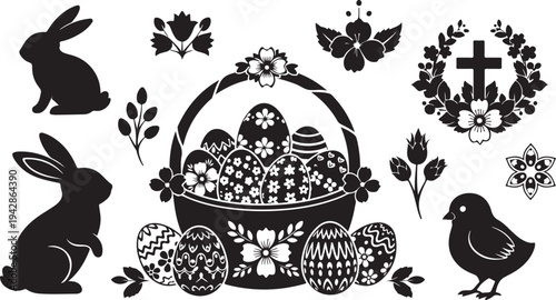 Easter symbols and decorations in black and white illustration