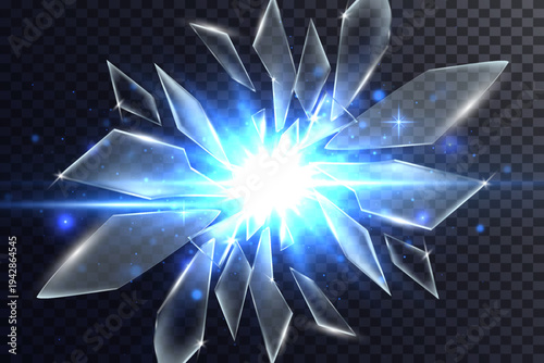 Blue Crystal Glass Explosion with Bright Energy Light