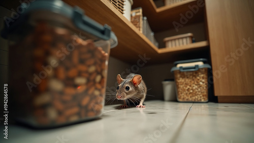 Unsanitary Kitchen Condition Featuring a Rat Near Food Containers