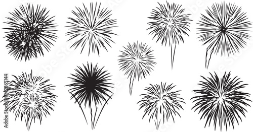 Black and white fireworks illustrations on plain background