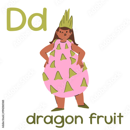 A girl in a dragon fruit costume learning the English alphabet with flashcards, letter D