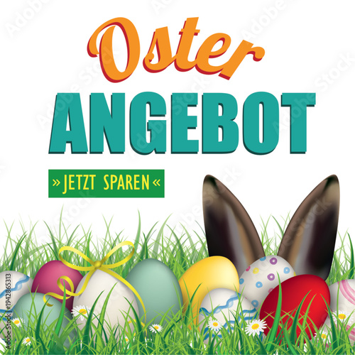 Cover Osterangebot mit Ostereiern im Gras und süßen Hasenohren