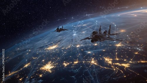 Two fighter jets fly above a glowing Earth with a network overlay