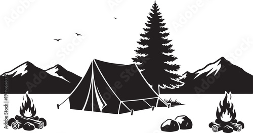 Camping in the mountains with a tent and campfire