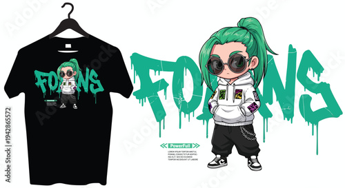 Cool Chibi Character with Green Hair and Sunglasses Wearing Hoodie and Baggy Pants, Streetwear Style Vector Illustration for T-Shirt Design