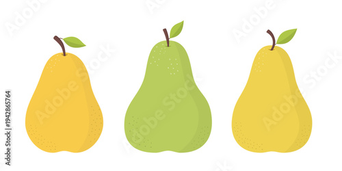 Three pears with leaves in yellow and green colors