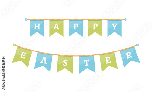 Happy Easter text on colorful bunting banner with flags in blue and green colors on rope