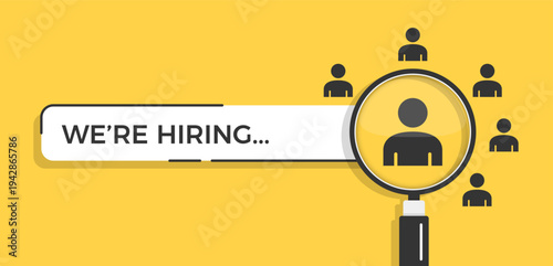 We are hiring banner with magnifying glass searching for candidate among multiple people on yellow background