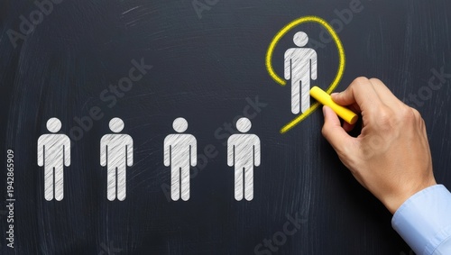 Human hand with yellow chalk circling a white stick figure icon on a dark chalkboard, symbolizing talent acquisition, recruitment, and employee selection for business concepts.