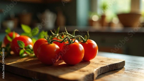 Fresh cherry tomatoes on the wooden board. 
