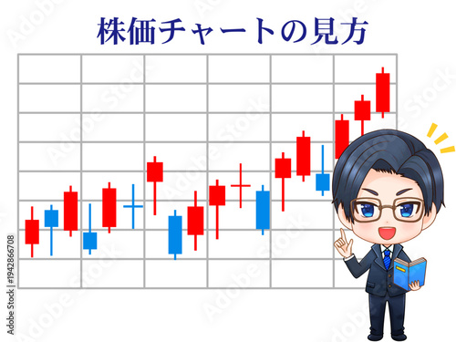株価チャートの解説をするちびキャラ投資家サラリーマンのイラスト素材2