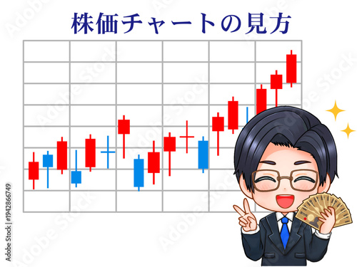株価チャートの解説をするちびキャラ投資家サラリーマンのイラスト素材