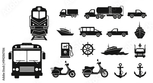 Collection of various transportation vehicles and related objects in black silhouette.