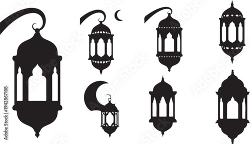 Black Silhouette Lanterns with Crescent Moon on White Background