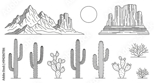 Desert Plants and Mountains Sketch Collection.