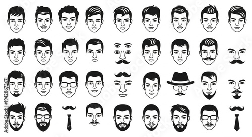 Diverse Collection of Male Faces and Facial Hair Styles Vector Illustration.