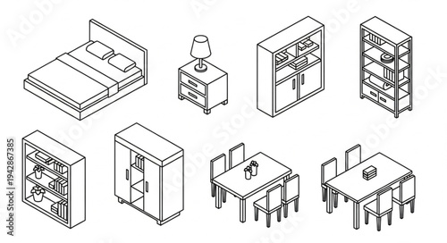 Isometric Furniture Collection - Bedroom and Dining Room Elements.