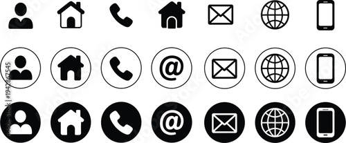 Contact and navigation icons set, user, home, phone, email, globe, mobile, solid, outline, circular, black and white design variations