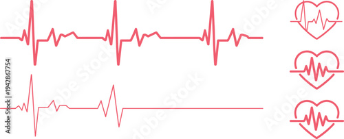Heartbeat ECG Line Icons with Heart Pulse Monitor Symbols, Cardiology Medical EKG Waveform Vector Illustration Isolated on White Background