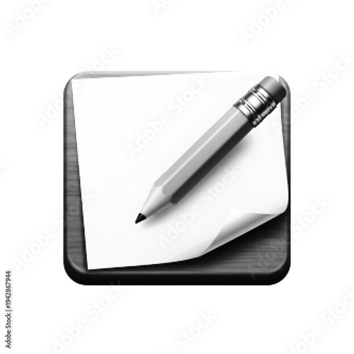 Halftone dotted note icon with pencil on paper. Minimal monochrome illustration of writing, editing, or note taking symbol isolated on white background. Concept of planning, documentation, and educati