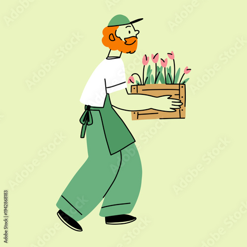 Man Carrying Crate of Tulips Doodle illustration of a person doing gardening chores, carrying boxes