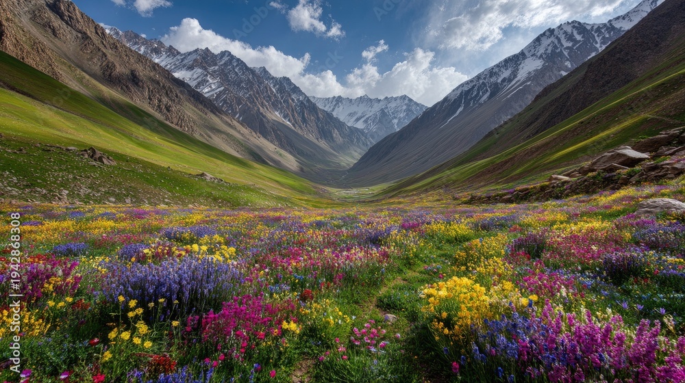 Fototapeta premium Vast Colorful Mountain Meadow with Wildflowers Under Blue Sky and Cloudy Horizon in Remote Landscape Surrounded by Majestic Snow-Capped Peaks