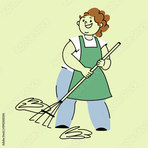 Smiling Woman Raking Leaves in the Garden Doodle illustration of an outline character in spring green colors