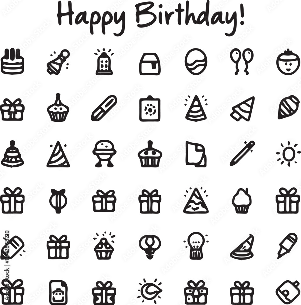 Fototapeta premium Hand Drawn Birthday Party Icons Set – Cake Gift Balloon Celebration Doodle Icons.