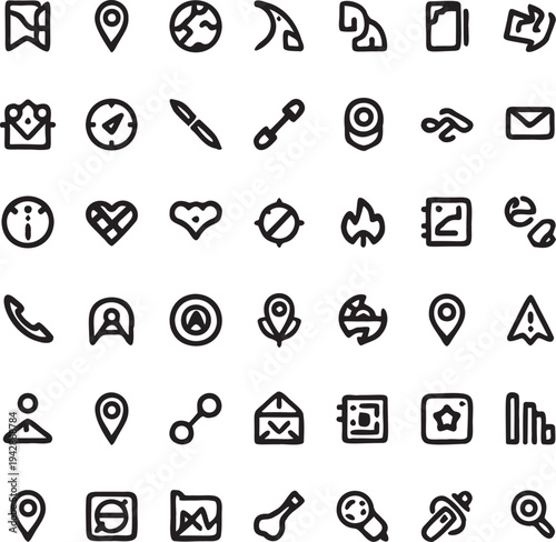 Hand Drawn Navigation Icons Set – Location Map Compass Direction Doodle Icons.
