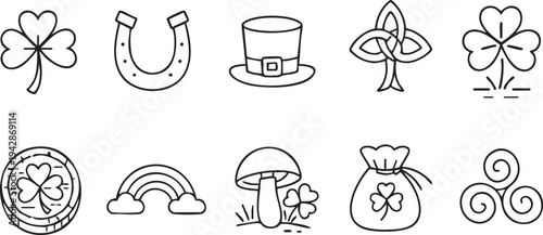Collection of hand drawn black and white line art icons representing Irish holiday symbols and good luck charms