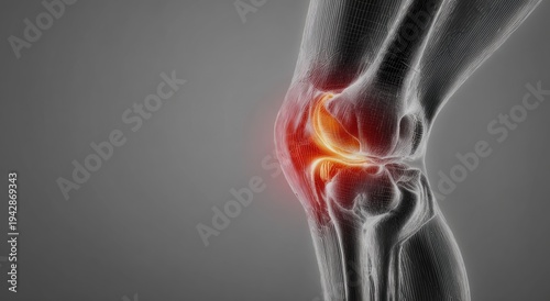 Anatomical illustration of a human knee joint experiencing inflammation