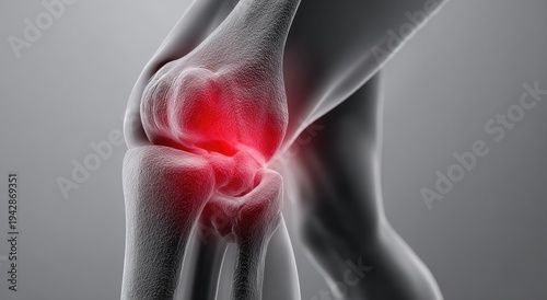Detailed 3D illustration of a human knee joint with highlighted inflamed area