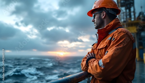 Profile of a worker with arms crossed wearing a hard hat and safety gear watching the sunset over the choppy waters of the ocean from an offshore industrial facility.