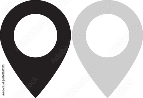 Two distinct map pin location icons are presented side by side in black and grey for navigational reference
