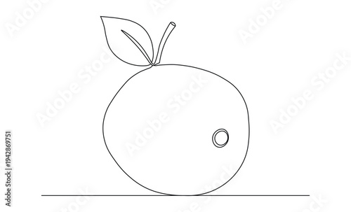 Minimalist continuous line art drawing depicts a simple stylized citrus fruit with a single leaf and stem