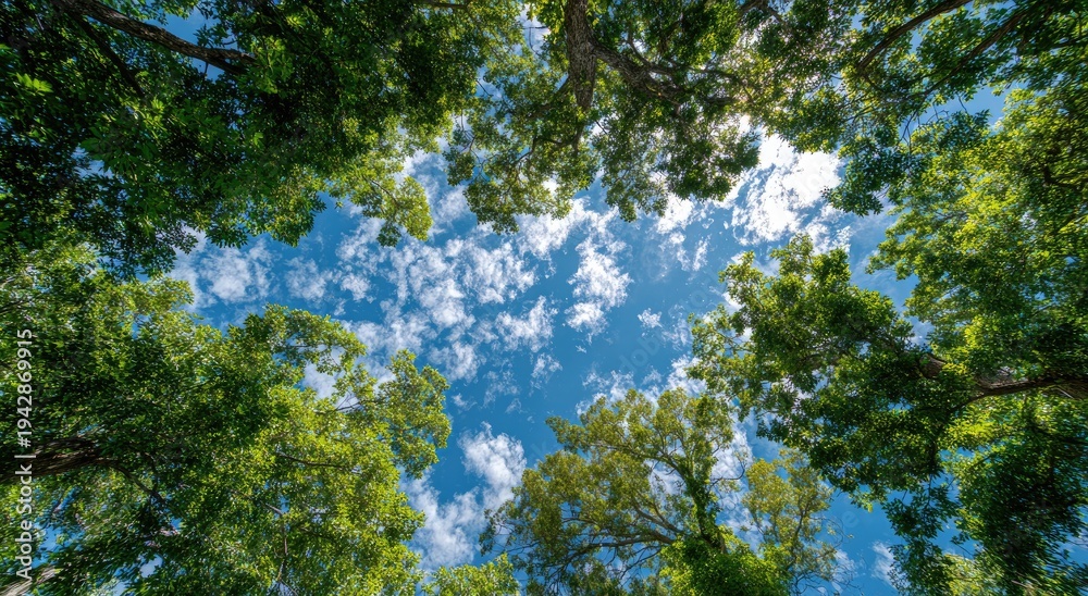 Fototapeta premium Looking up through lush green trees at a bright blue sky with white clouds