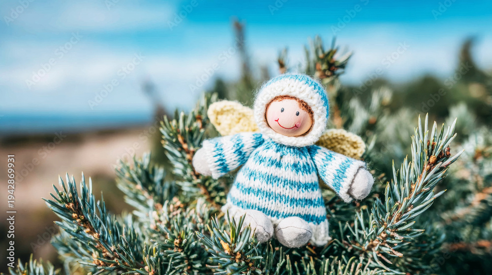 Obraz premium Knitted angel doll with wings perched on a green conifer branch, symbolizing Christmas spirit and holiday joy outdoors