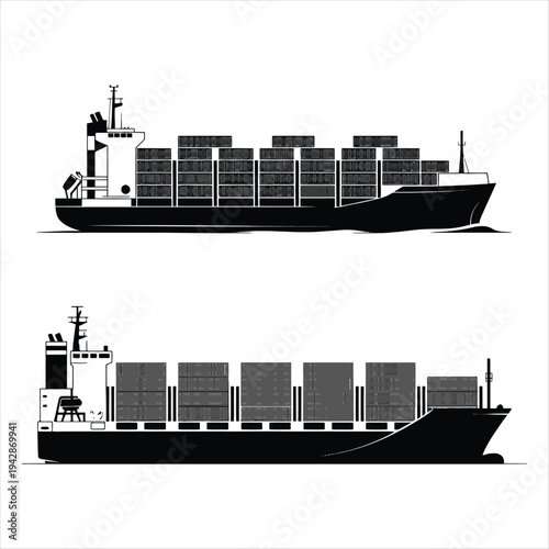 Two Black Silhouettes of Container Ships Side by Side