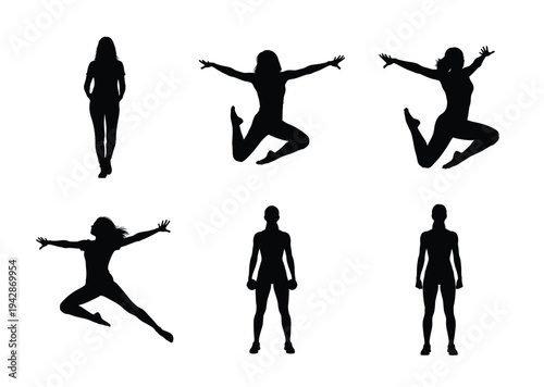 A collection of six black silhouettes depicting women in various dynamic poses including jumping and standing