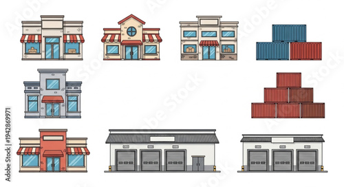 Set of various commercial buildings and shipping containers for business logistics.
