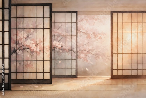 Japanese Shoji Room Interior with Sakura Blossom View – Traditional Zen Spring Atmosphere