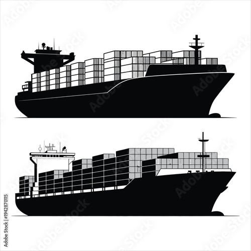 Black Silhouettes of Cargo Ships Loaded with Containers