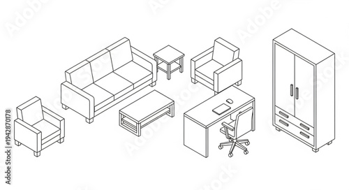 Isometric line drawing of modern furniture set for home office.