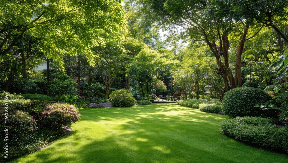 Obraz premium Lush green lawn surrounded by manicured trees, bushes, and dappled sunlight